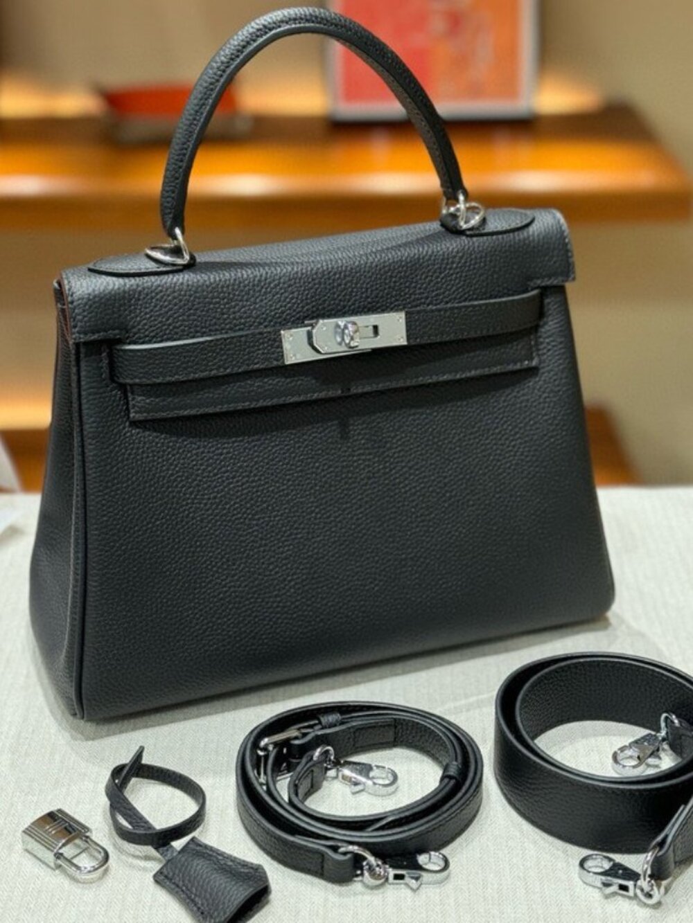 Gold Brown Luxury Handbag | Elegant 28cm Genuine Togo Leather Satchel - Picture 7 of 7